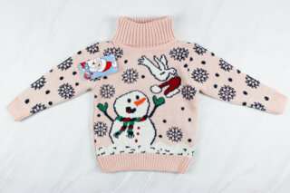 Новогодний детский свитер для девочки вышивка снеговик, розовый, Турция (92-110 см: 2-5 года)