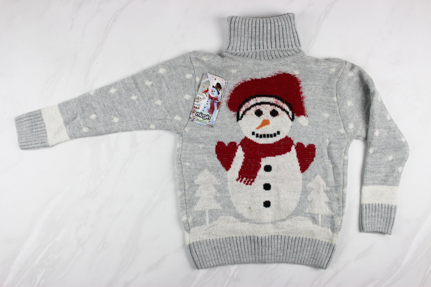 Теплый вязаный новогодний детский свитер с вышивкой снеговик, серый, Турция (6-9 лет 110-134 рост)