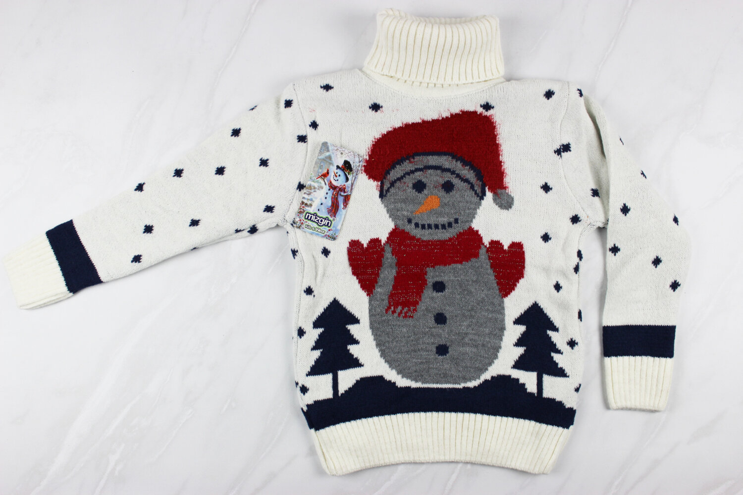 Теплый вязаный новогодний детский свитер с вышивкой снеговик, молочный, Турция (6-9 лет 110-134 рост)