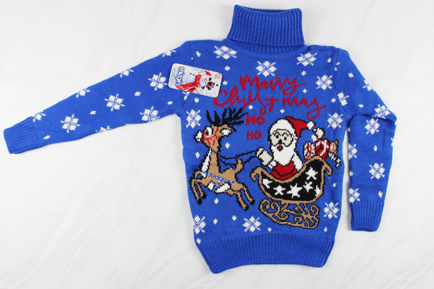 Теплый вязаный новогодний детский свитер с вышивкой Санта, синий, Турция (6-8 лет 110-128 рост)
