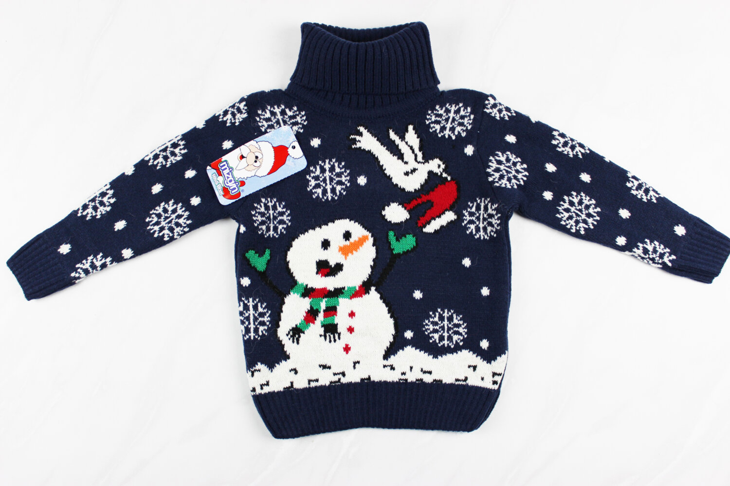 Новогодний детский свитер для девочки вышивка снеговик, синий, Турция (98-110 см: 3-5 года)