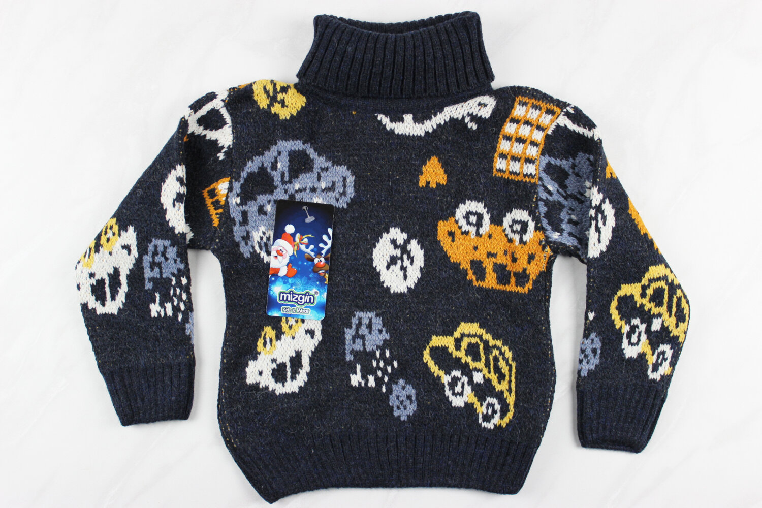 Теплий вязаний новорічний дитячий светр з вишивкою машинка, синій, Туреччина (92-110 см: 2-5 роки)