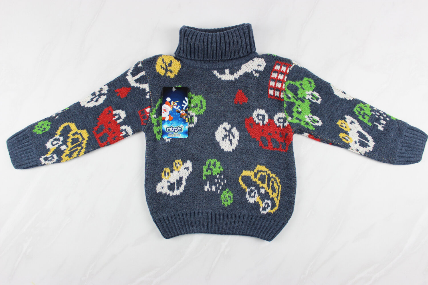Теплий вязаний новорічний дитячий светр з вишивкою машинка, синій, Туреччина (92-110 см: 2-5 роки)