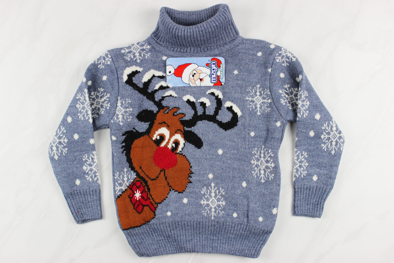 Теплый вязаный новогодний свитер для девочки с вышивкой олень, голубой, Турция (92-110 см: 2-5 года)