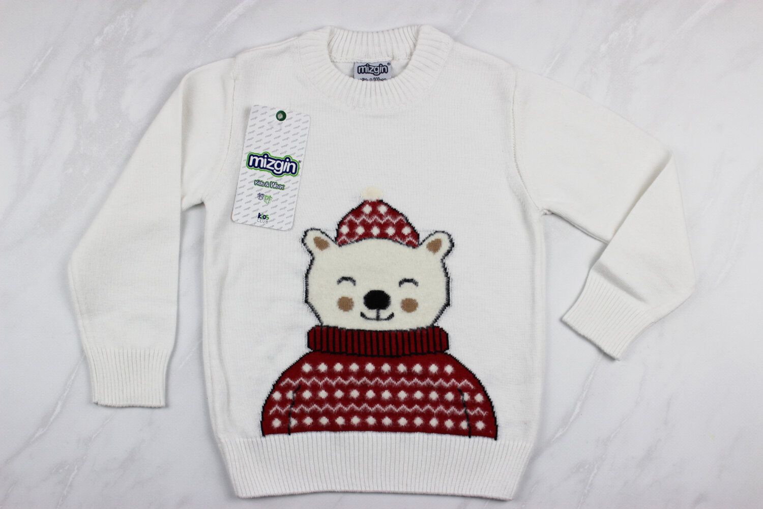 Вязаный детский свитер с вышивкой медведь, белый, Турция (92-110 см: 2-5 лет)